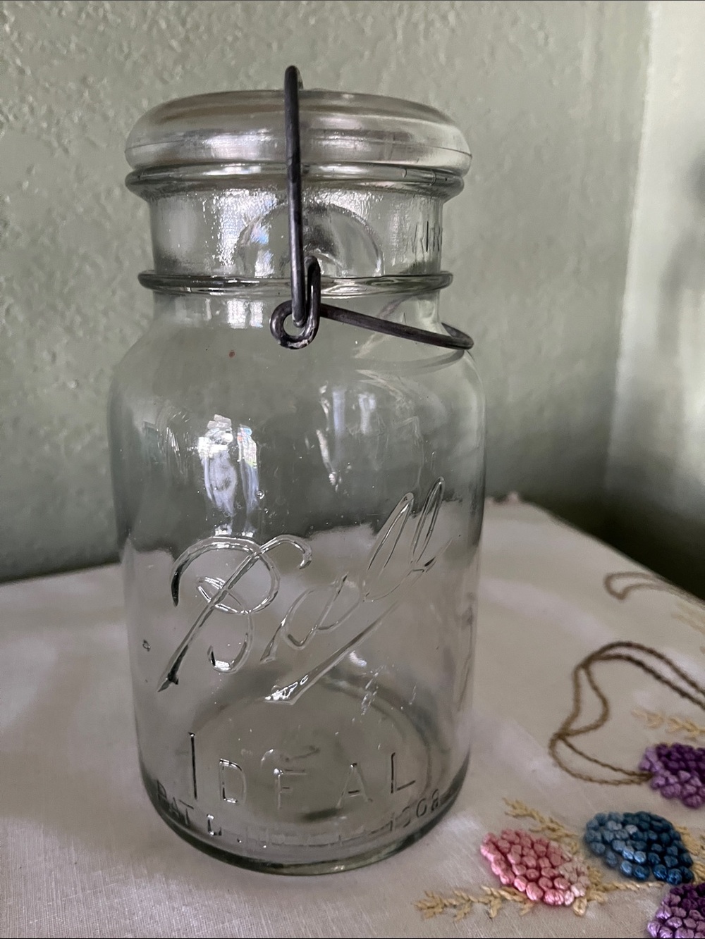 Vintage Ball Glass Canister – “Pat. Pend. 1908” Embossed Ball Logo & Wire Bail